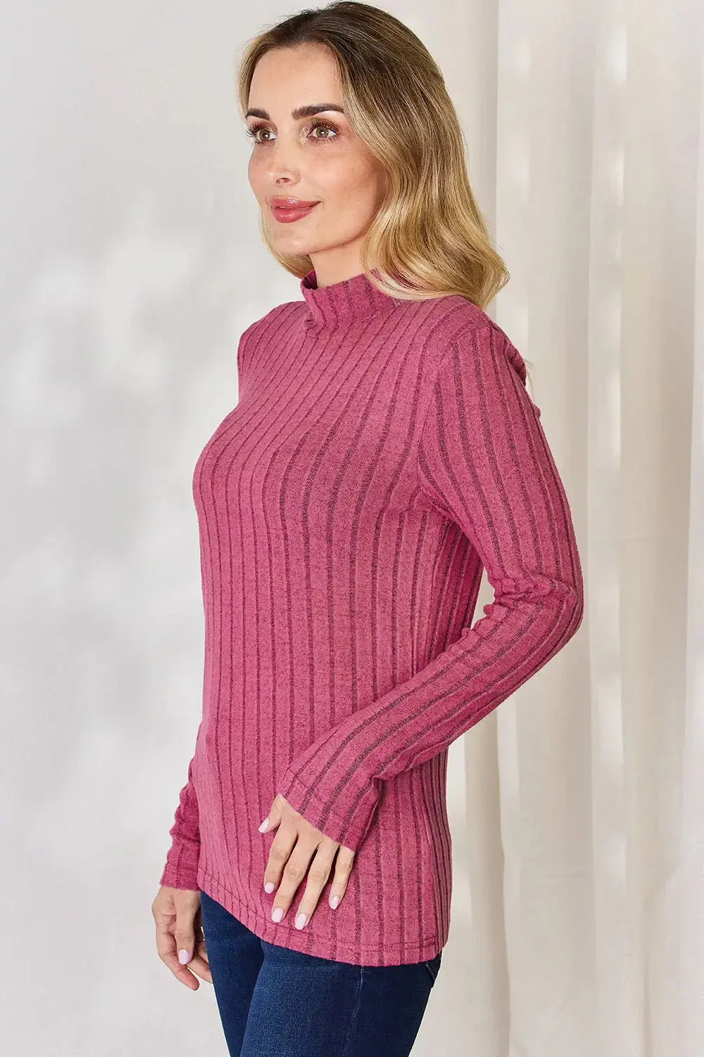 Basic Bae Full Size Ribbed Mock Neck Long Sleeve T-Shirt - Love Salve